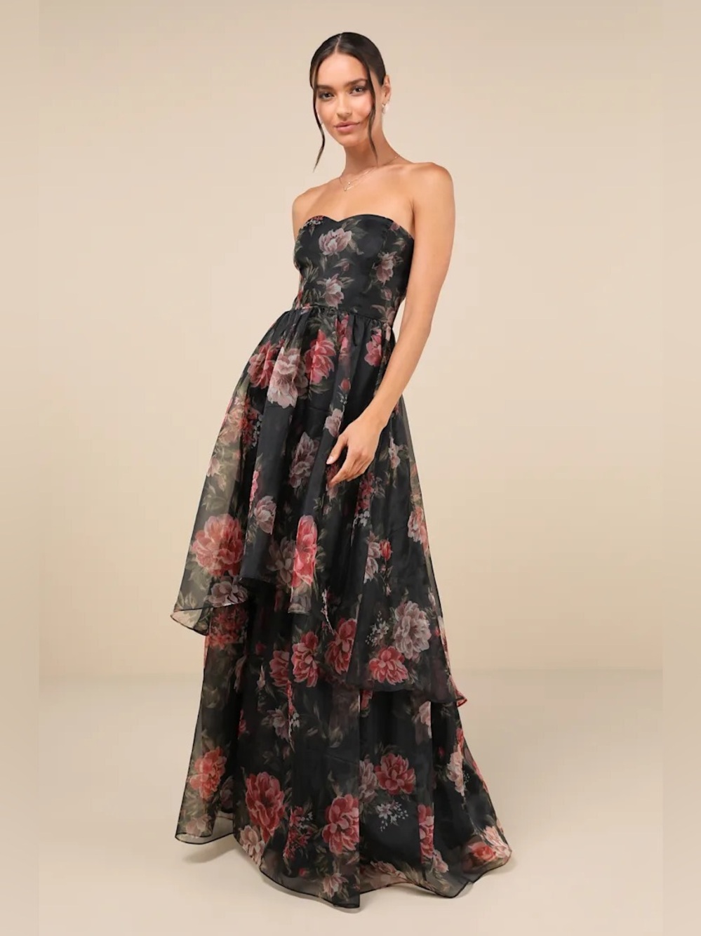 Lulus Truly Extraordinary Black Floral Organza Strapless Maxi Dress Size XS NWT
